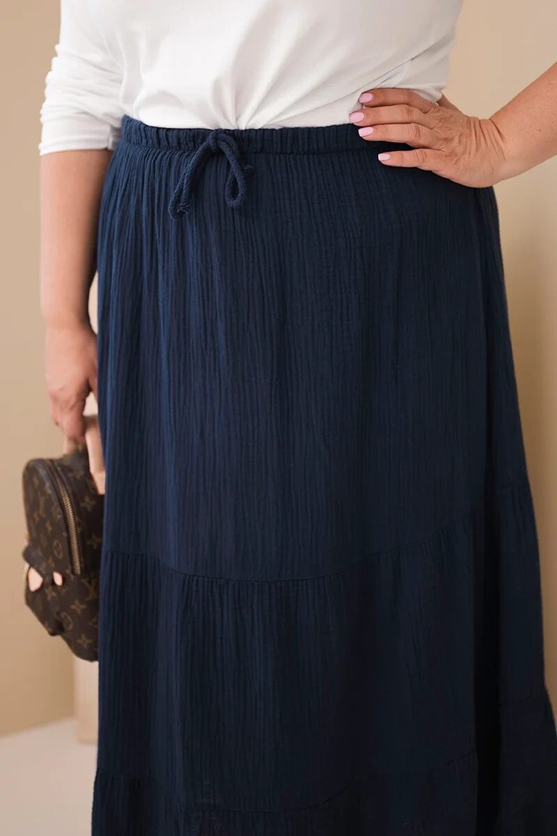 Spódnica damska Plus Size bawełniana muślinowa z falbaną i gumką granatowa - obrazek 4