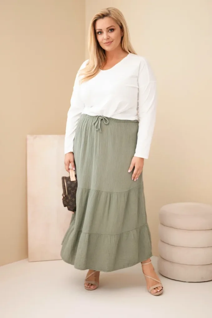 Spódnica damska Plus Size bawełniana muślinowa z falbaną i gumką khaki