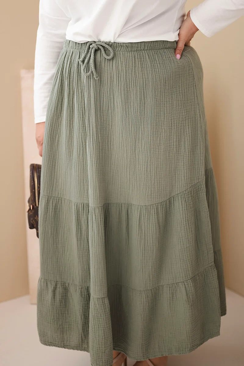 Spódnica damska Plus Size bawełniana muślinowa z falbaną i gumką khaki - obrazek 4