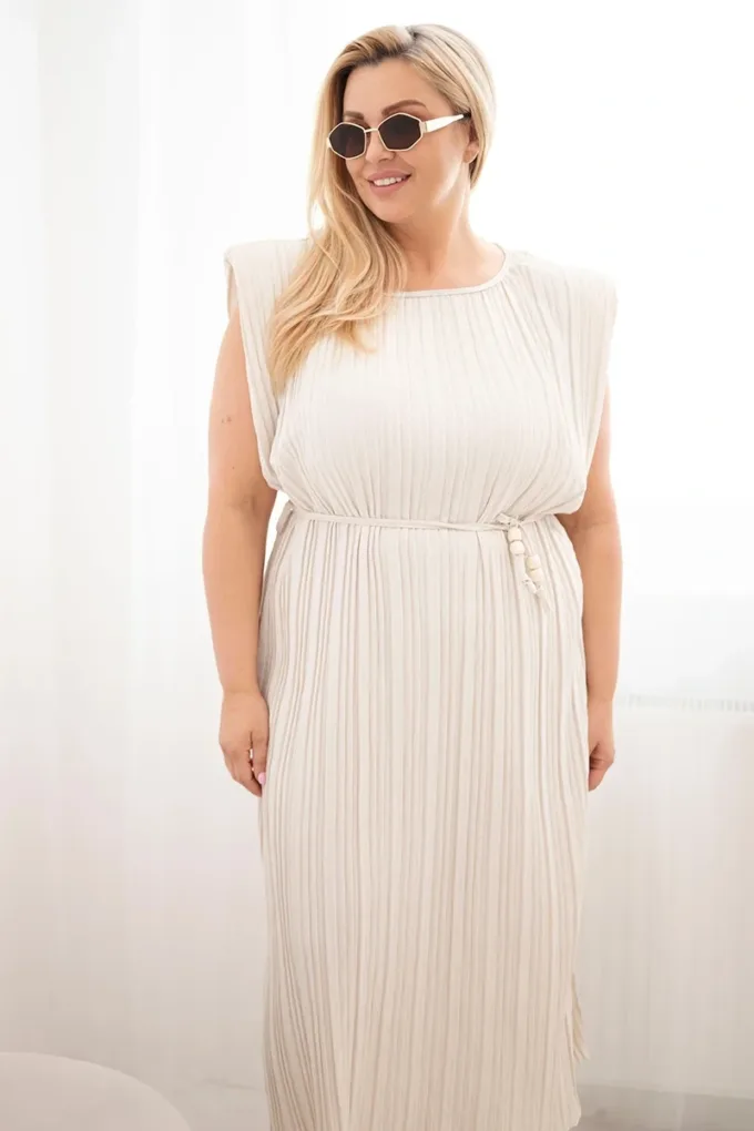 Sukienka damska Plus Size wiskozowa plisowana z wiązaniem beźowa