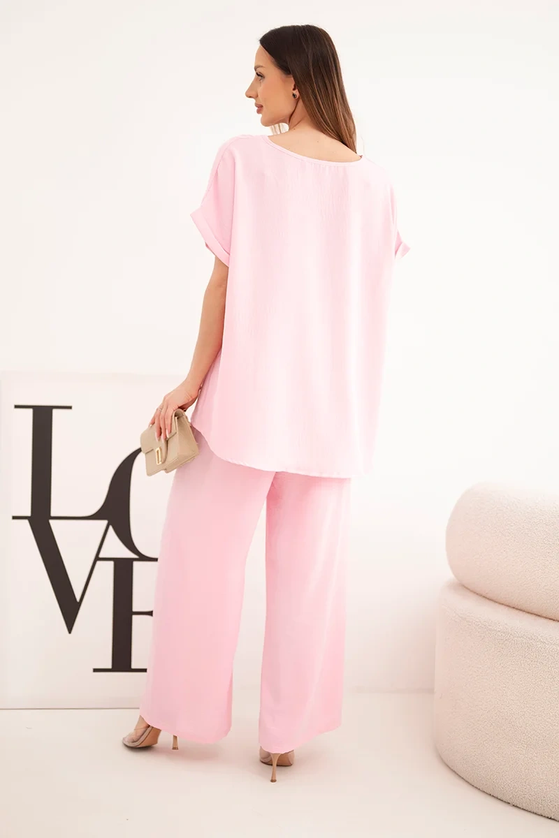 Komplet damski Plus Size bluzka i spodnie z szeroką nogawką cukierkowy róż - obrazek 3