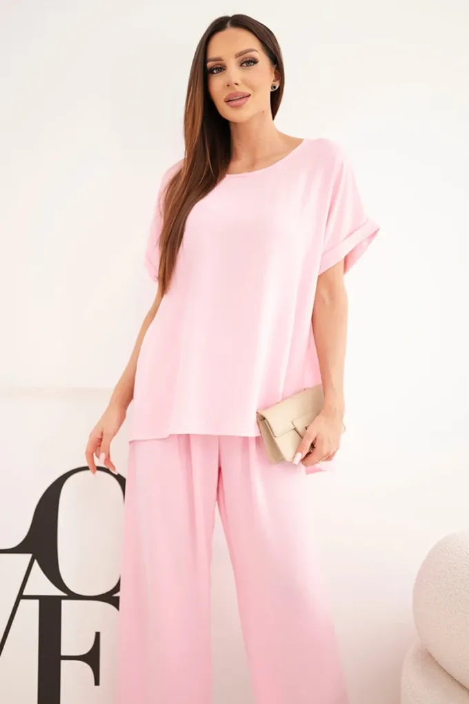 Komplet damski Plus Size bluzka i spodnie z szeroką nogawką cukierkowy róż