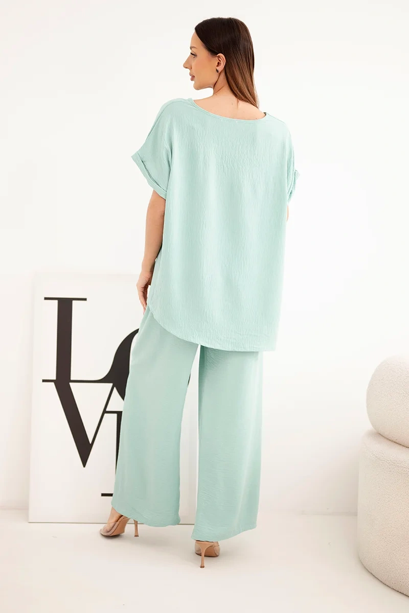 Komplet damski Plus Size bluzka i spodnie z szeroką nogawką ciemny miętowy - obrazek 3