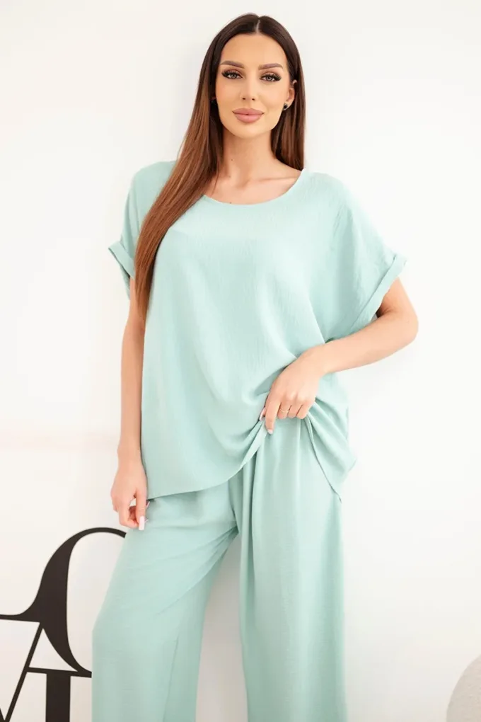 Komplet damski Plus Size bluzka i spodnie z szeroką nogawką ciemny miętowy
