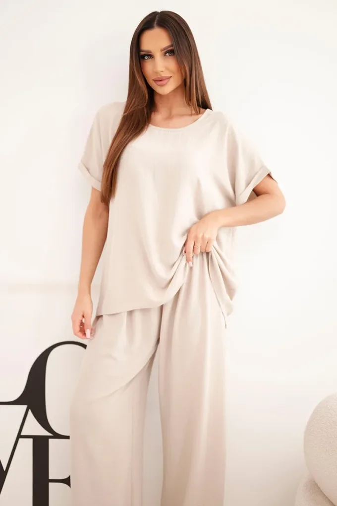 Komplet damski Plus Size bluzka i spodnie z szeroką nogawką beżowy