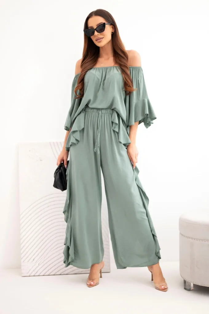 Komplet damski wiskozowy boho z falbanami khaki