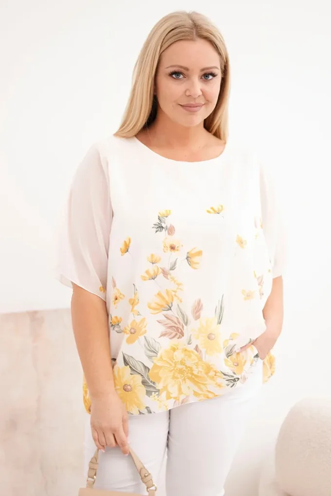 Bluzka damska Plus Size z krótkim rękawem i kwiatowym printem żółta