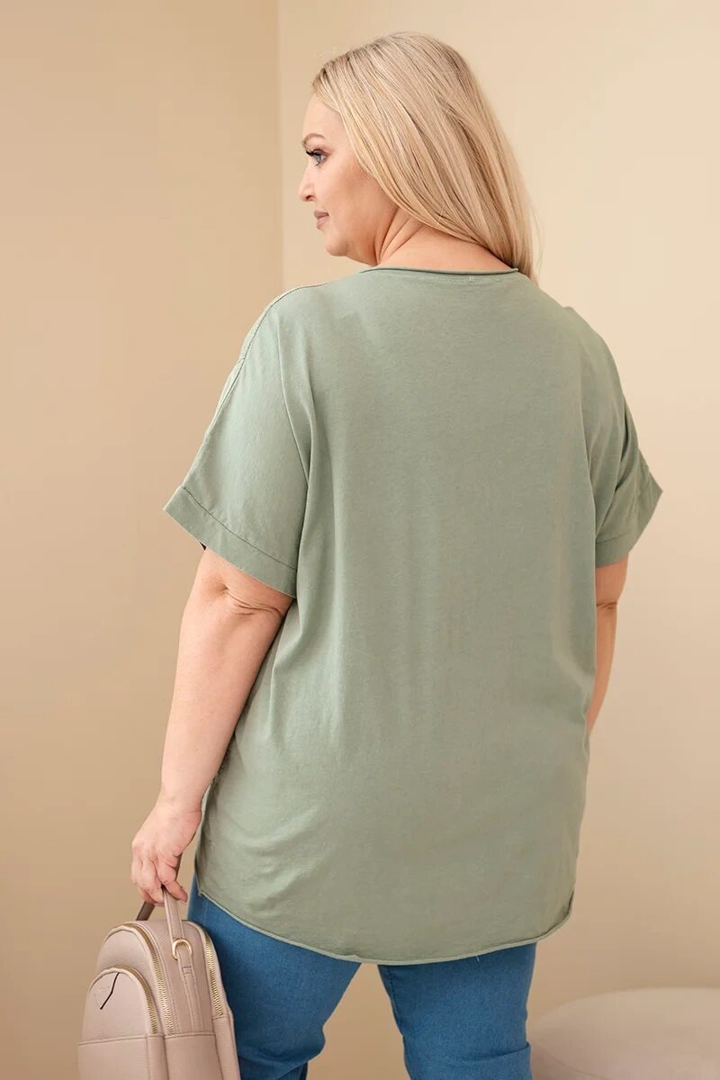 Bluzka damska bawełniana Plus Size z haftowanymi kwiatami khaki - obrazek 4