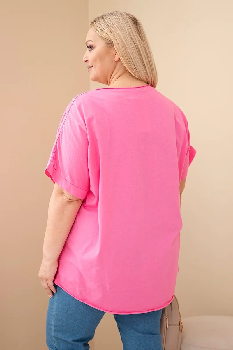 Bluzka damska bawełniana Plus Size z haftowanymi kwiatami różowa - obrazek 4