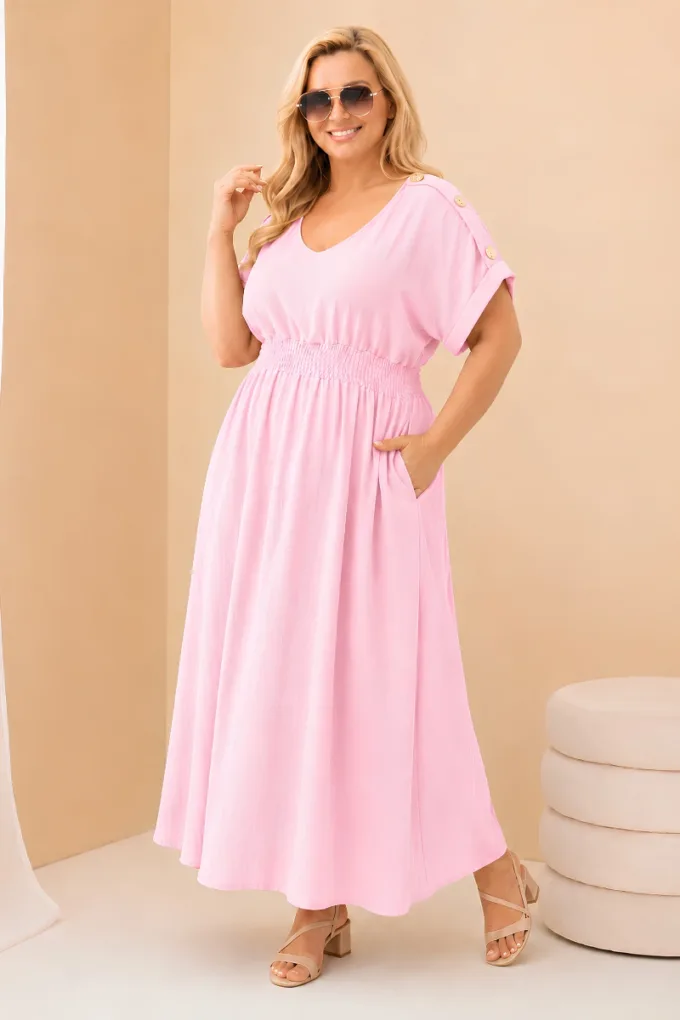 Sukienka damska Plus Size z marszczoną talią jasno różowa