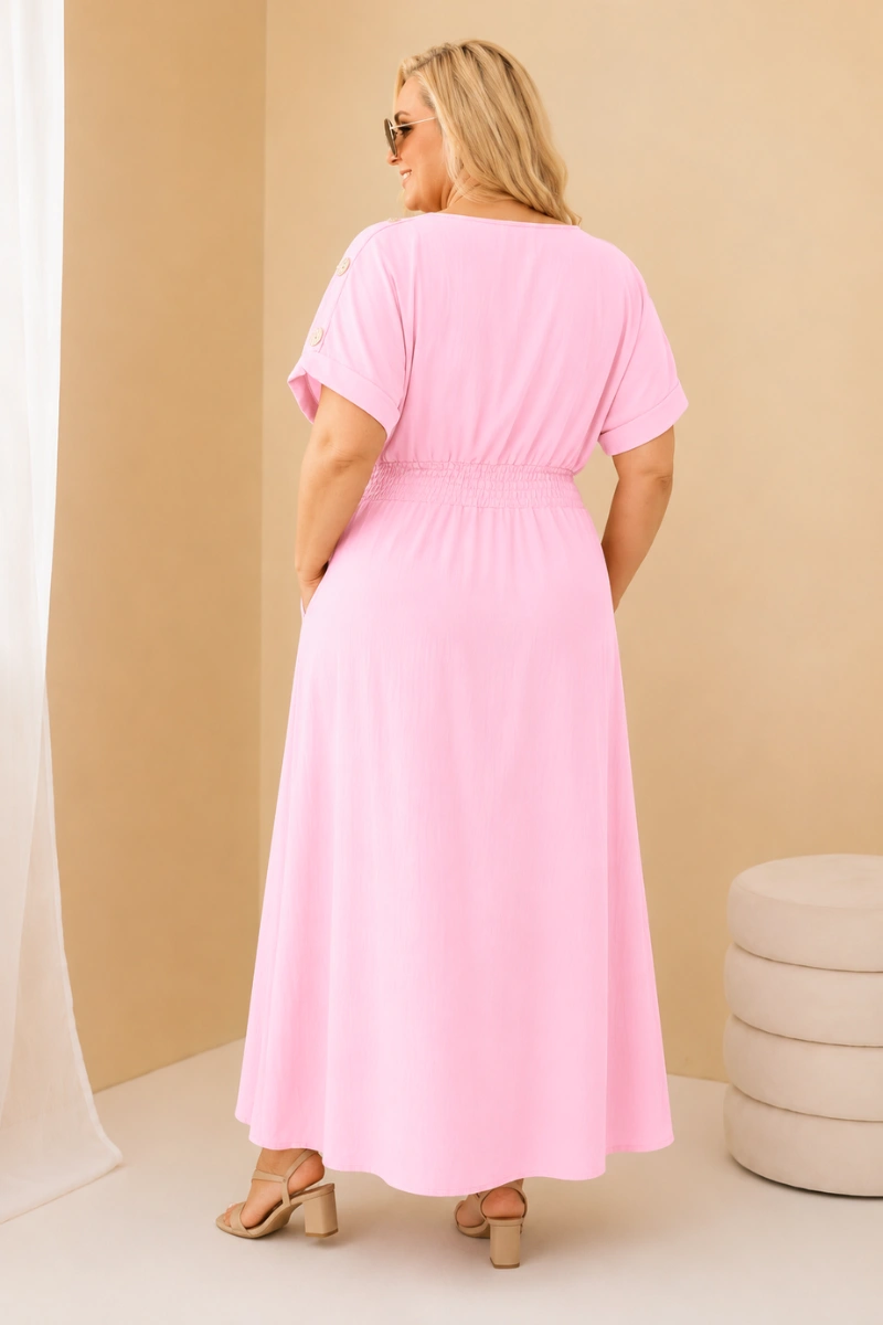 Sukienka damska Plus Size z marszczoną talią jasno różowa - obrazek 2