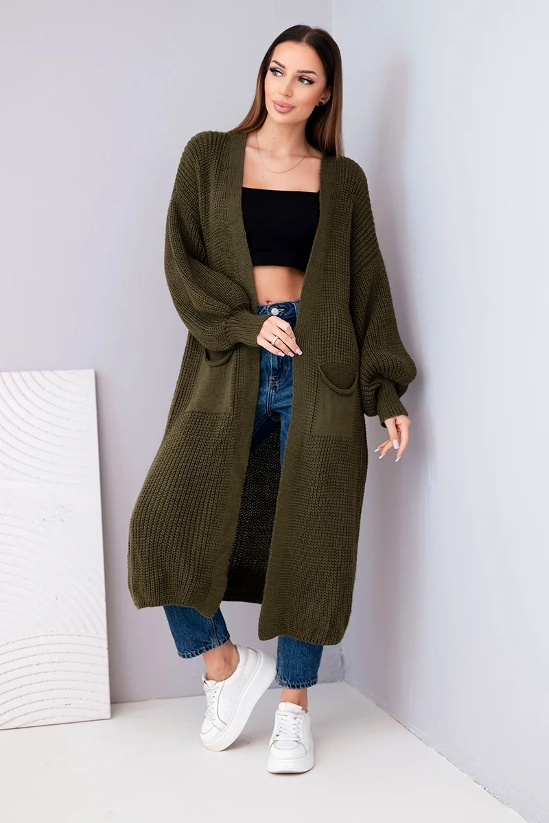 Sweter długi kardigan khaki - obrazek 2