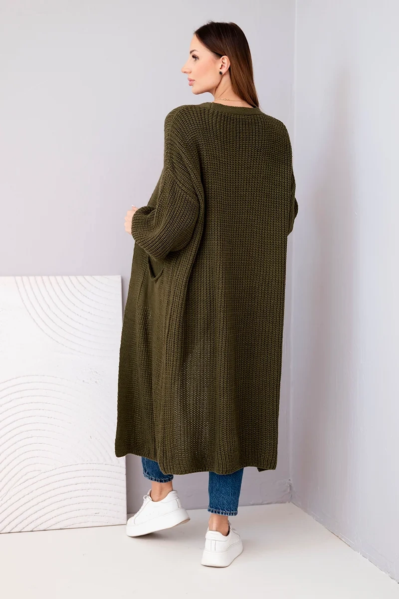 Sweter długi kardigan khaki - obrazek 3