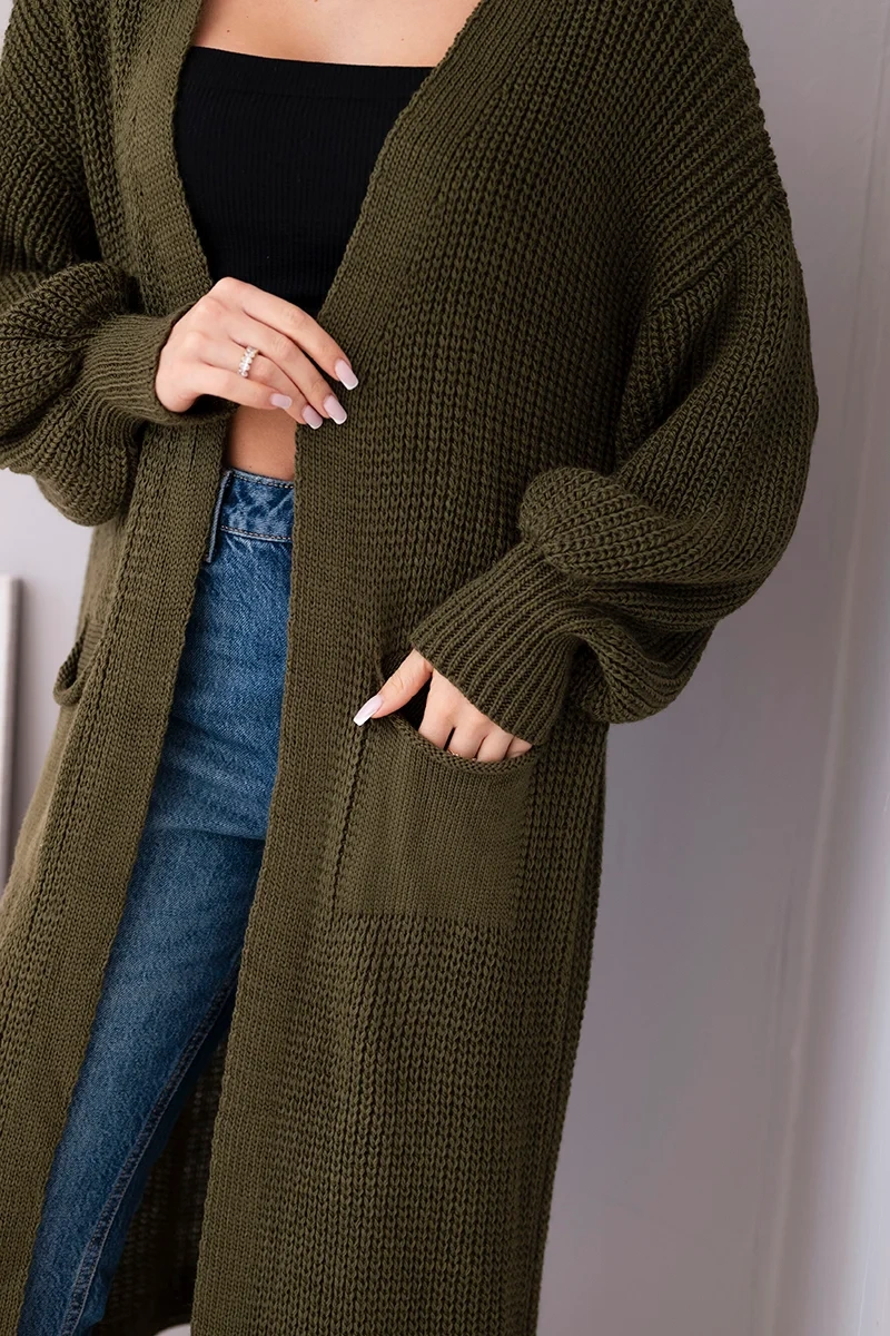 Sweter długi kardigan khaki - obrazek 4