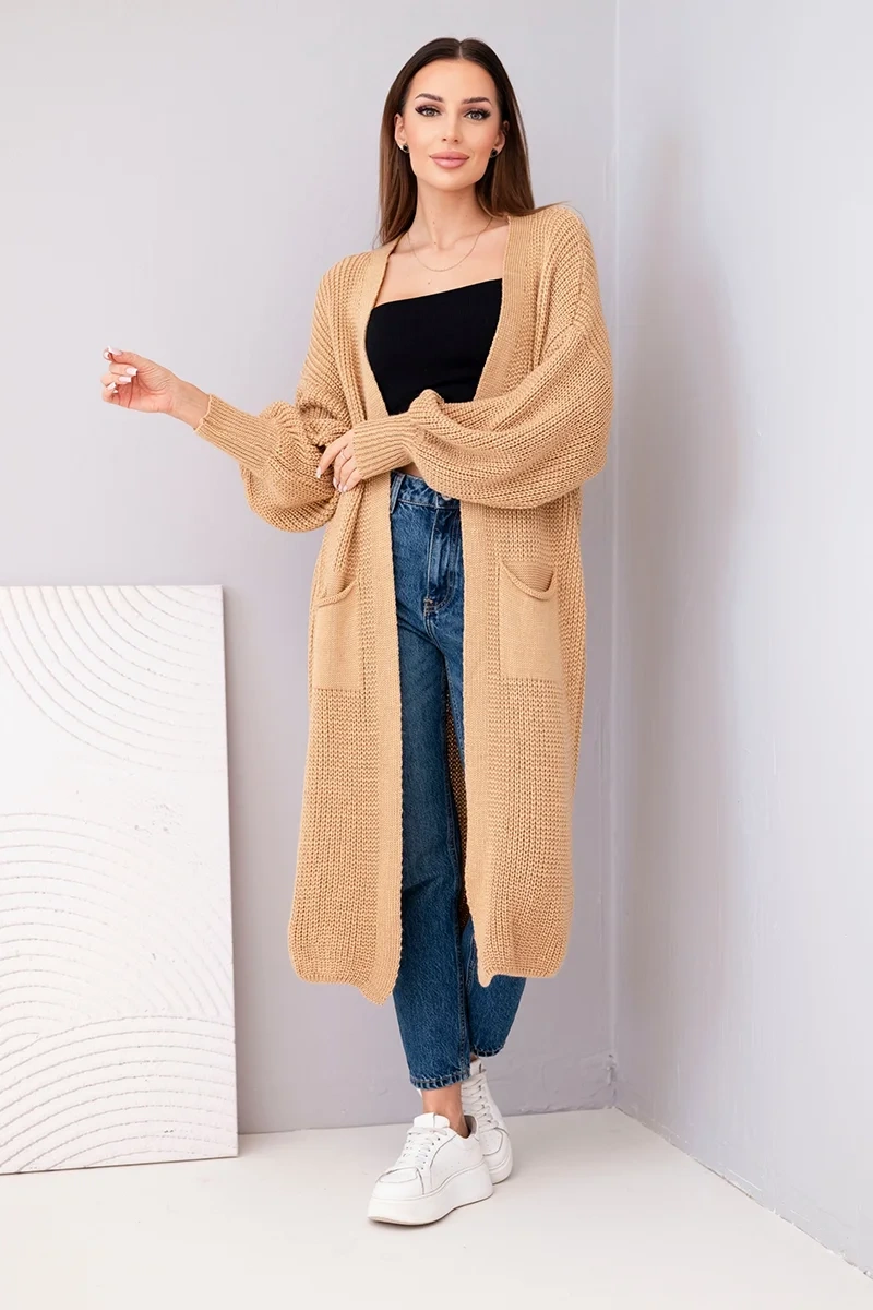 Sweter długi kardigan camelowy - obrazek 2