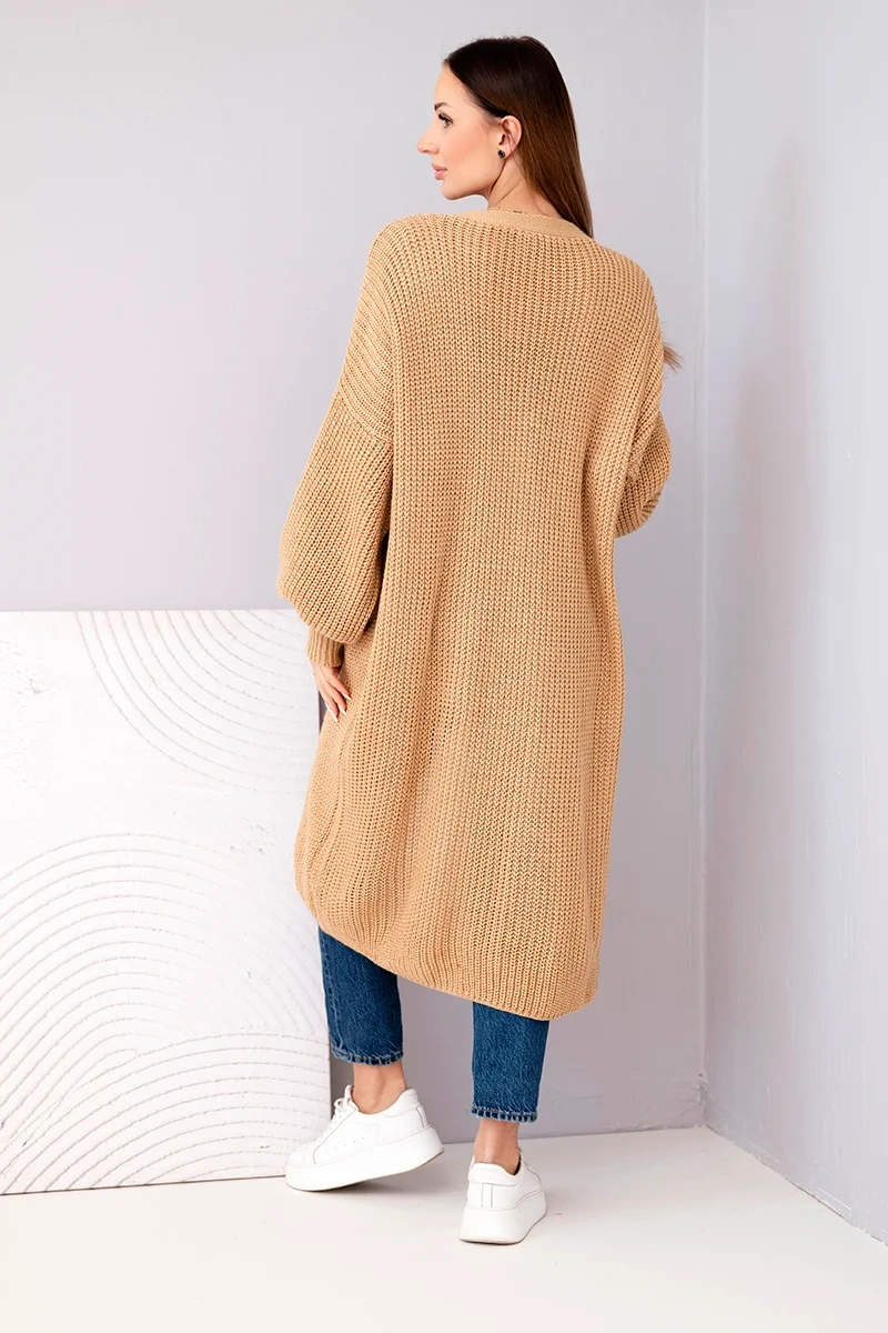 Sweter długi kardigan camelowy - obrazek 3