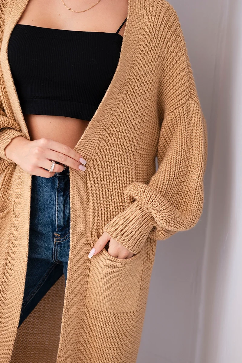 Sweter długi kardigan camelowy - obrazek 4