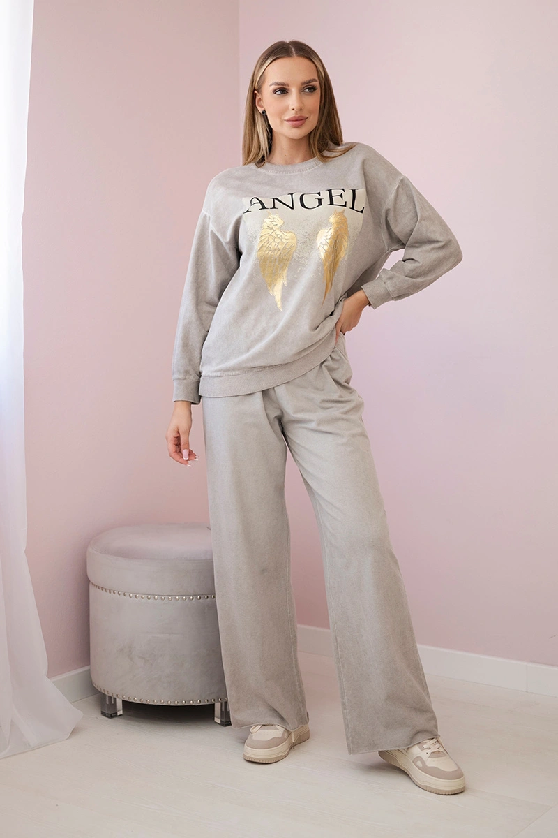 Komplet bawełniany dekatyzowany Angel bluza + spodnie beżowy - obrazek 2