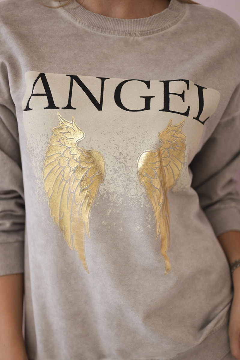 Komplet bawełniany dekatyzowany Angel bluza + spodnie beżowy - obrazek 4