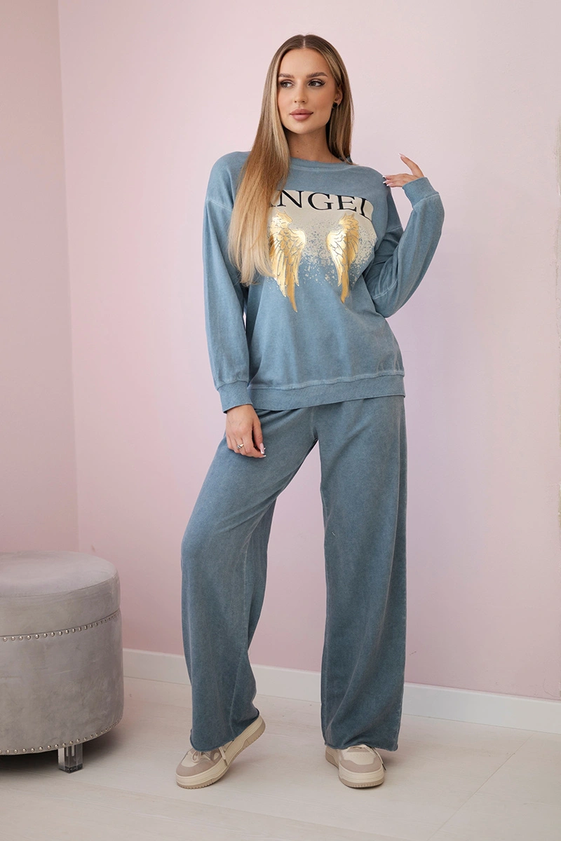 Komplet bawełniany dekatyzowany Angel bluza + spodnie jeansowy - obrazek 2
