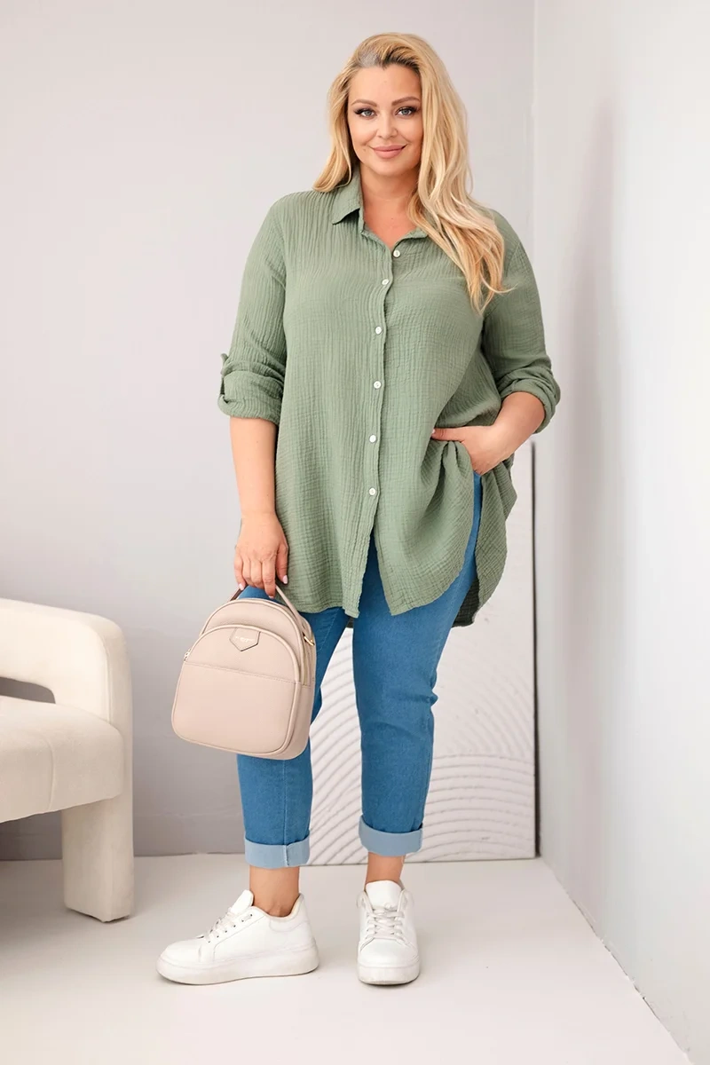 Koszula bawełniana muślinowa Plus Size khaki - obrazek 2