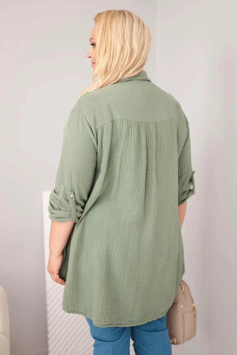 Koszula bawełniana muślinowa Plus Size khaki - obrazek 3