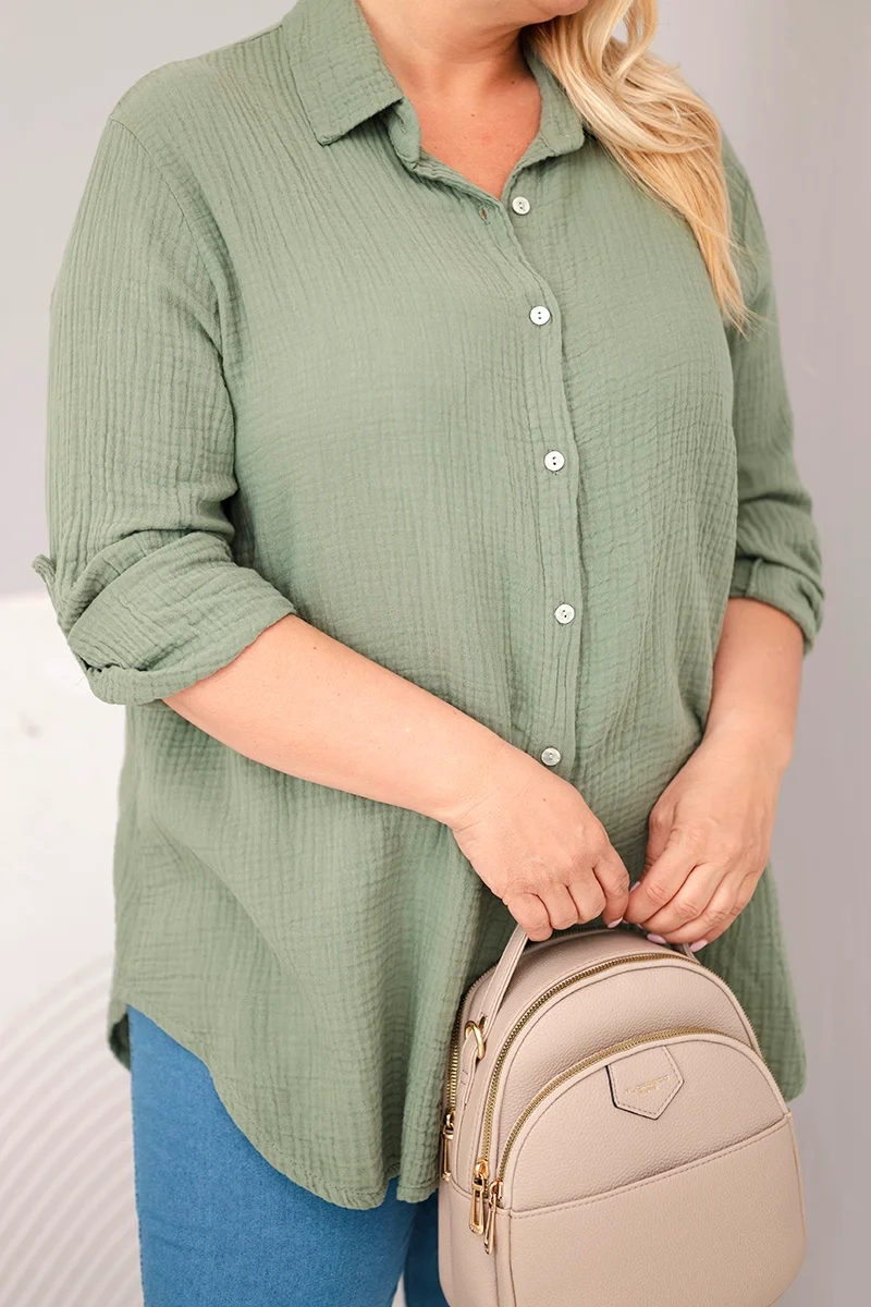 Koszula bawełniana muślinowa Plus Size khaki - obrazek 4