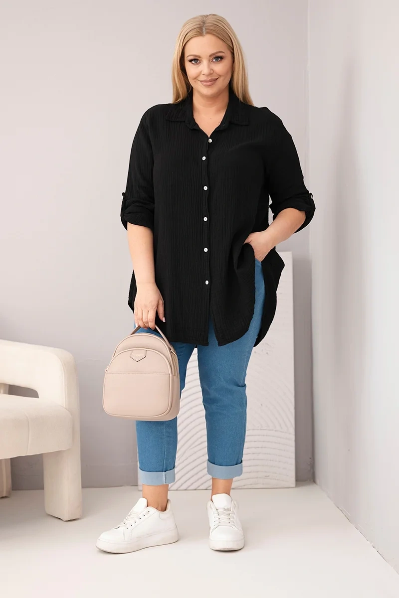 Koszula bawełniana muślinowa Plus Size czarna - obrazek 2