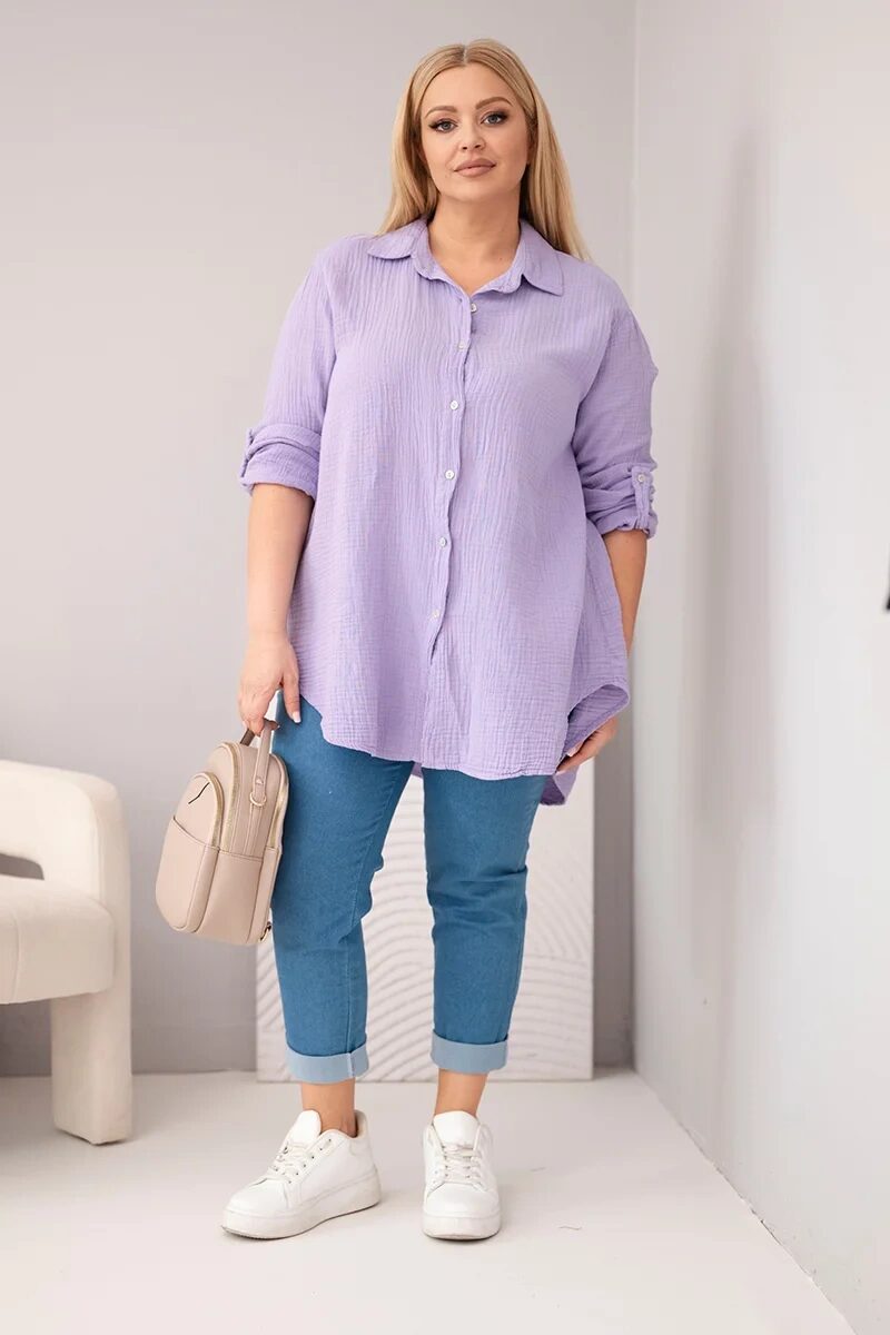 Koszula bawełniana muślinowa Plus Size fioletowa - obrazek 2