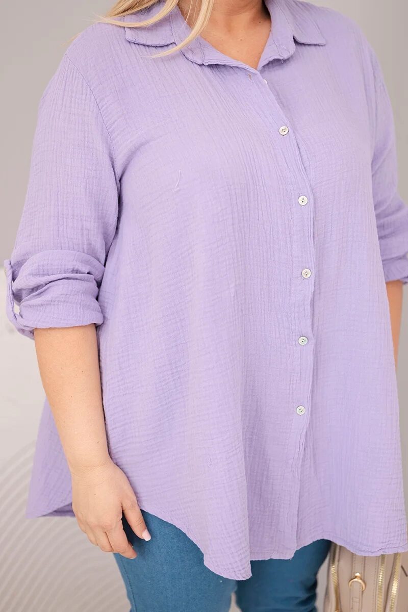 Koszula bawełniana muślinowa Plus Size fioletowa - obrazek 4