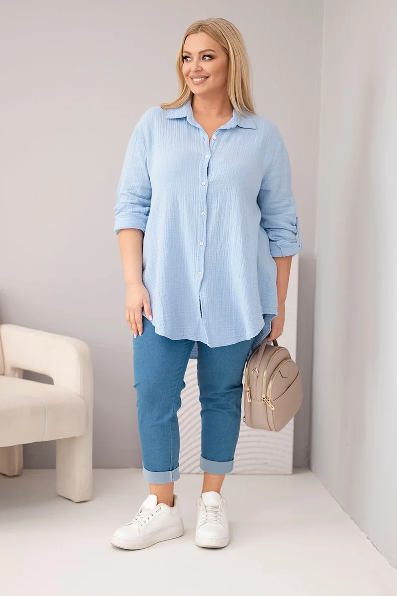 Koszula bawełniana muślinowa Plus Size niebieska - obrazek 2