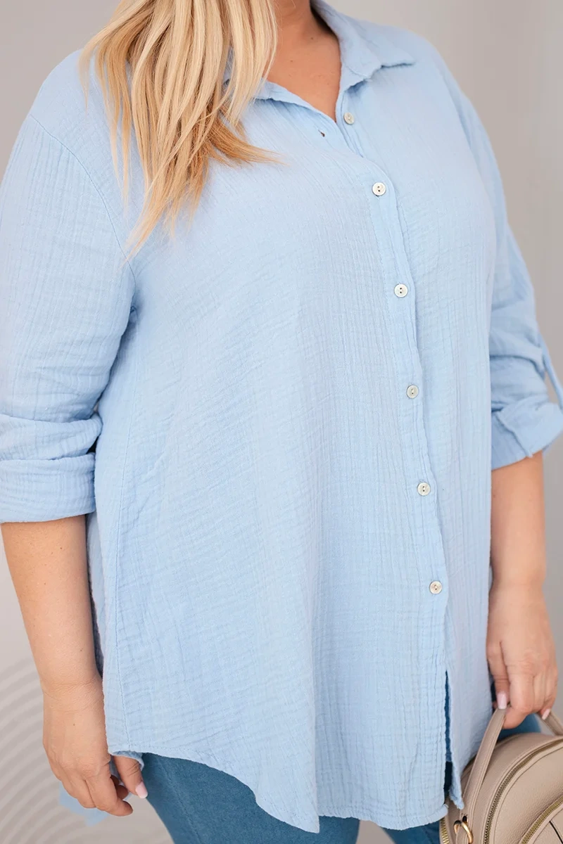 Koszula bawełniana muślinowa Plus Size niebieska - obrazek 4