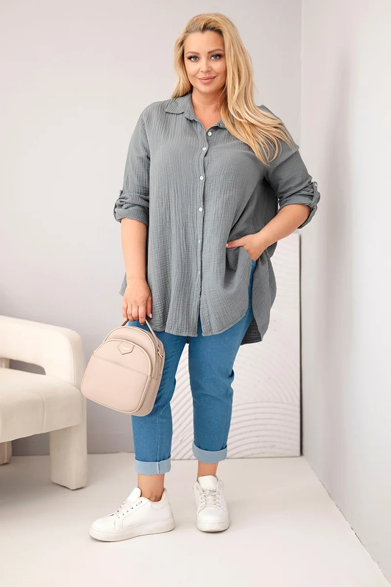 Koszula bawełniana muślinowa Plus Size ciemno szara - obrazek 2