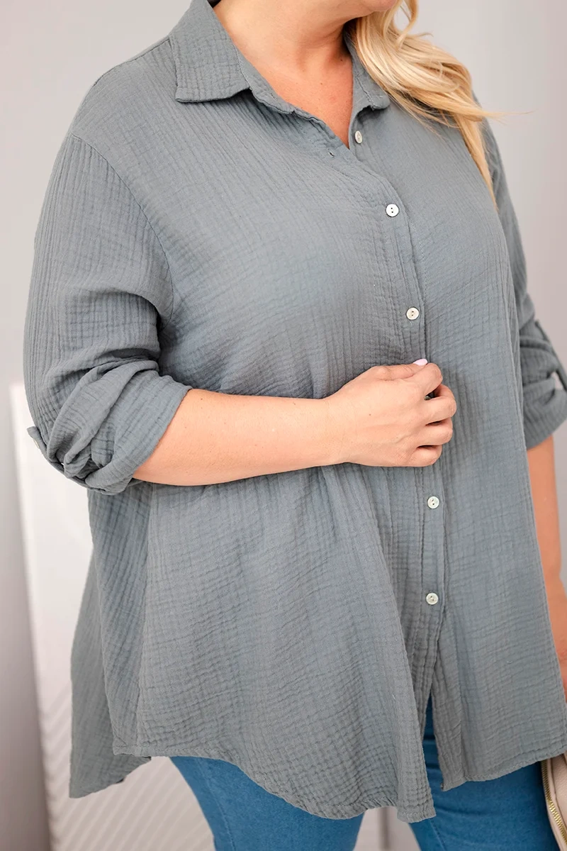Koszula bawełniana muślinowa Plus Size ciemno szara - obrazek 4