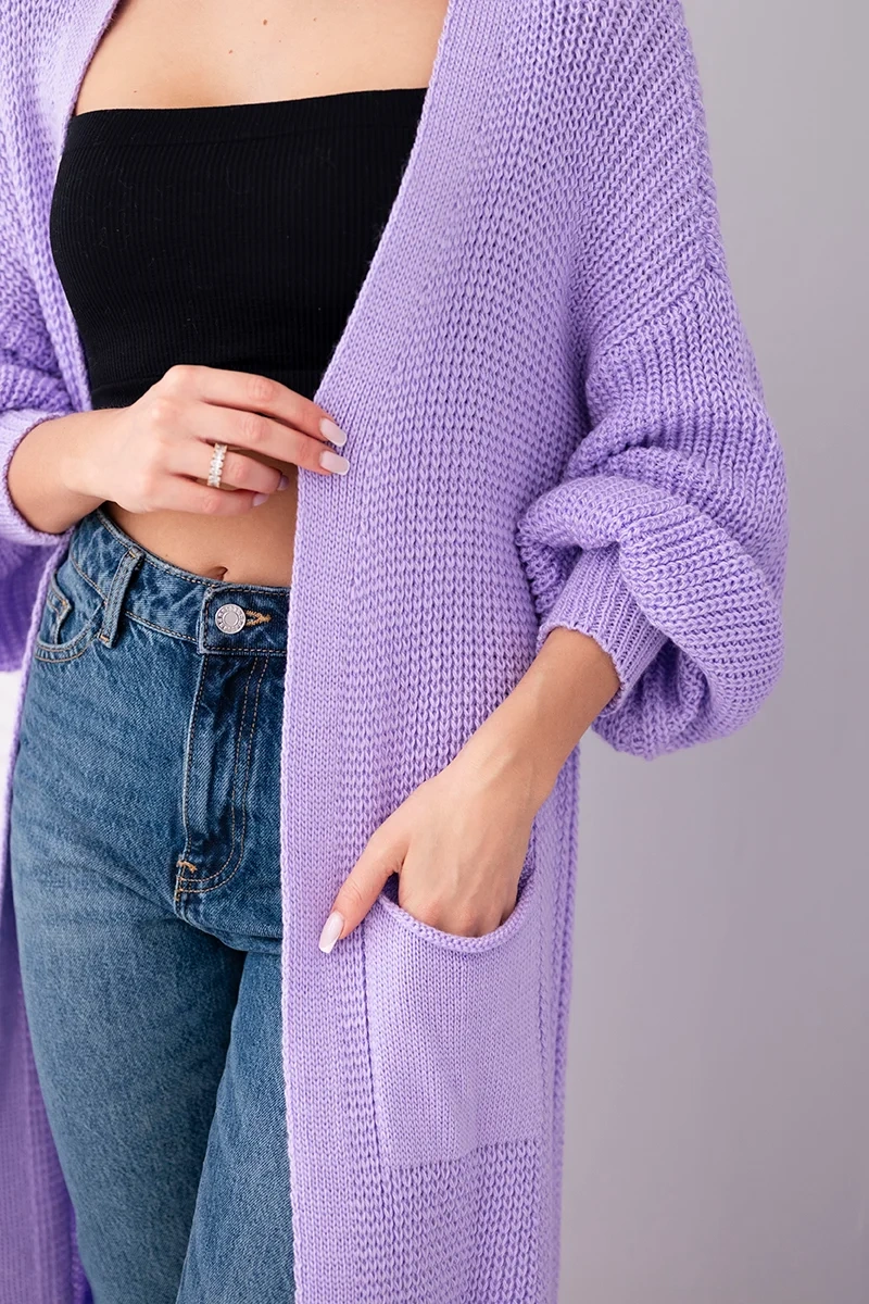 Sweter długi kardigan jasny fioletowy - obrazek 4