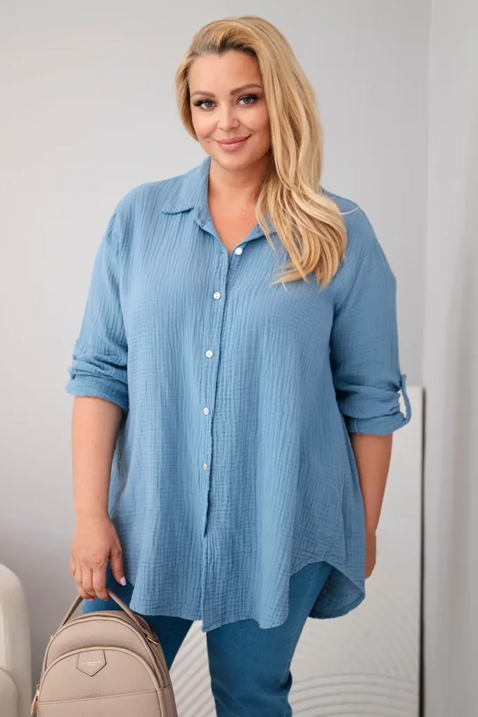 Koszula bawełniana muślinowa Plus Size ciemny jeansowy