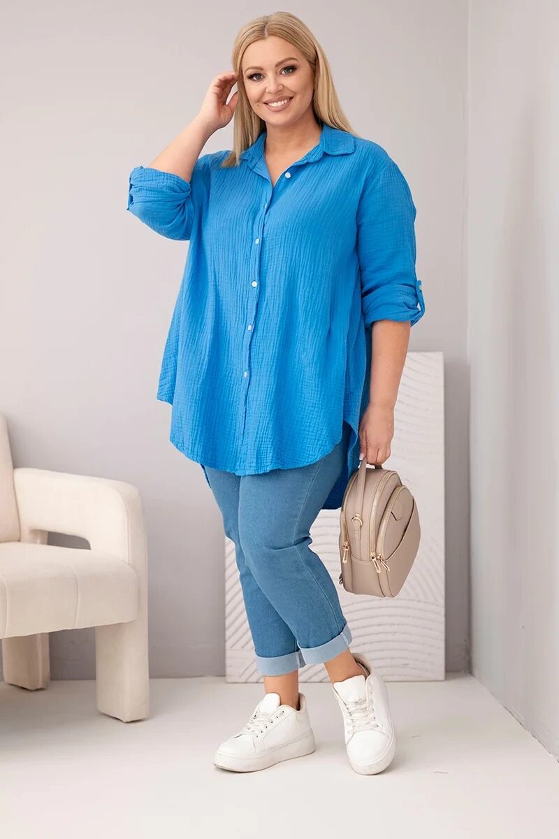 Koszula bawełniana muślinowa Plus Size turkusowa - obrazek 2