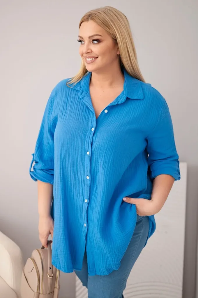 Koszula bawełniana muślinowa Plus Size turkusowa