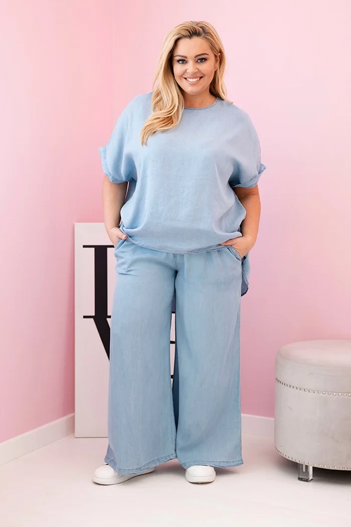Komplet damski Plus Size z tencelu bluzka i spodnie z wiązaniem jasno jeansowy