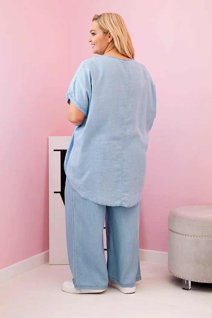 Komplet damski Plus Size z tencelu bluzka i spodnie z wiązaniem jasno jeansowy - obrazek 3