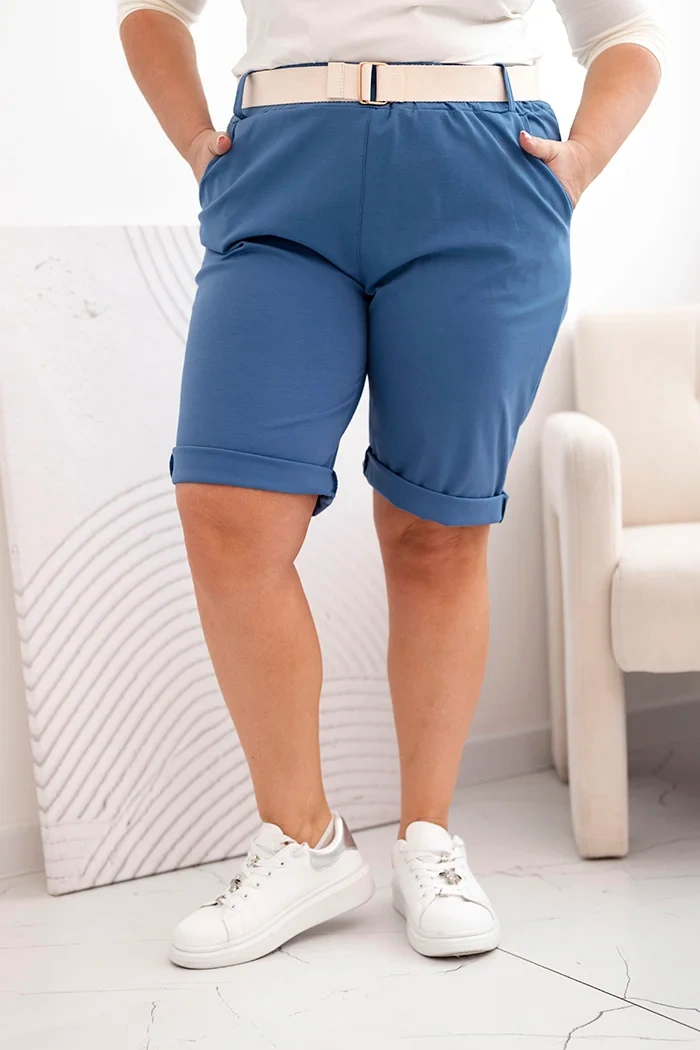 Spodenki damskie bawełniane Plus Size z paskiem jeansowe - obrazek 2