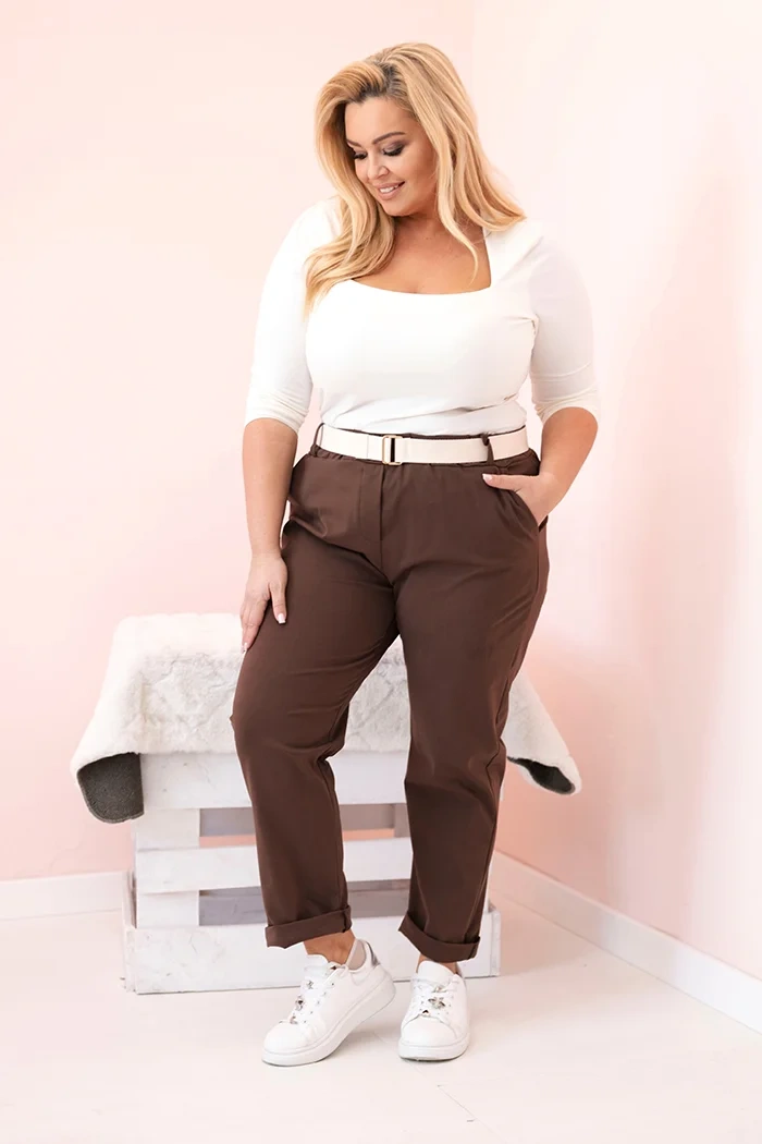 Spodnie damskie bawełniane Plus Size z paskiem brązowe