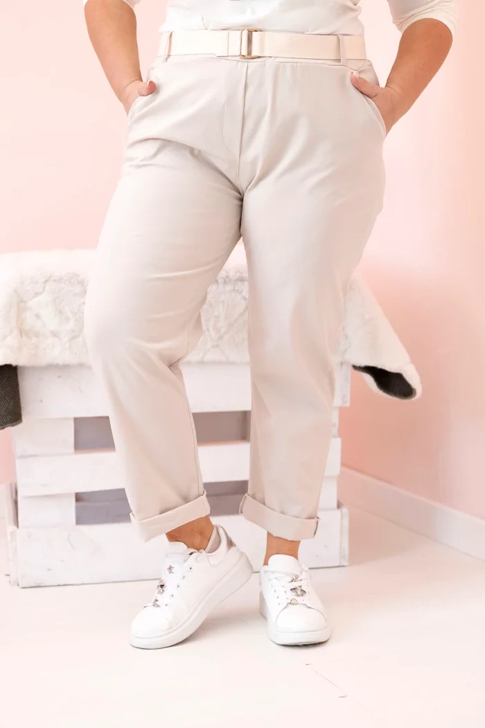 Spodnie damskie bawełniane Plus Size z paskiem beżowe - obrazek 2