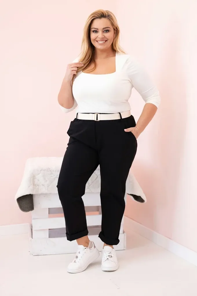 Spodnie damskie bawełniane Plus Size z paskiem czarne