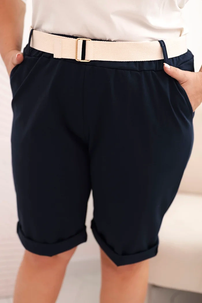 Spodenki damskie bawełniane Plus Size z paskiem granatowe - obrazek 2