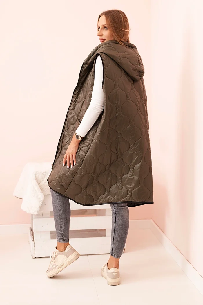 Kamizelka damska pikowana Plus Size z kapturem zapinana na zamek khaki - obrazek 3