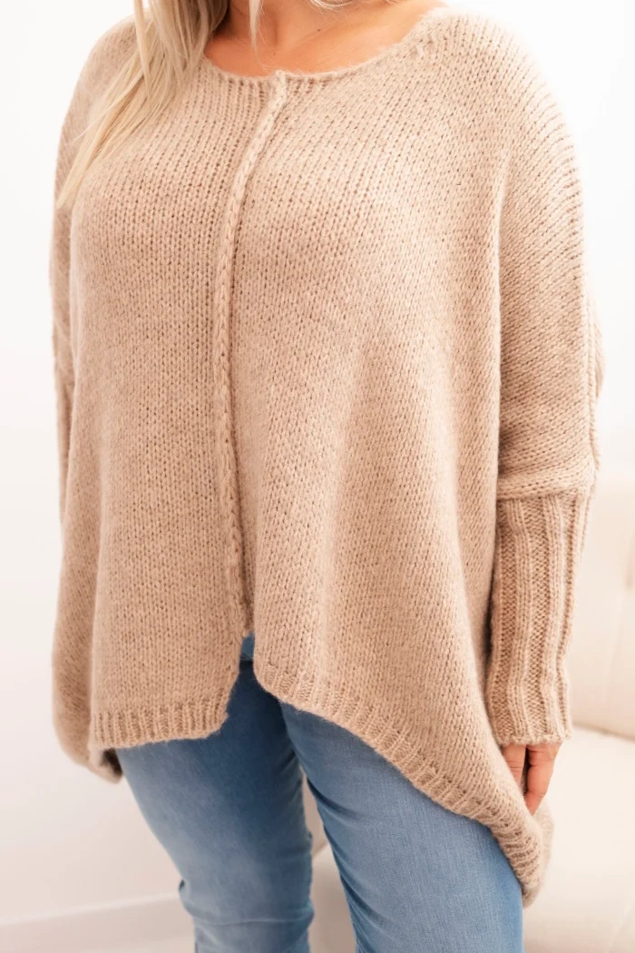 Sweter damska Plus Size z akrylem o luźnym kroju i rękawem 3/4 camelowy - obrazek 4