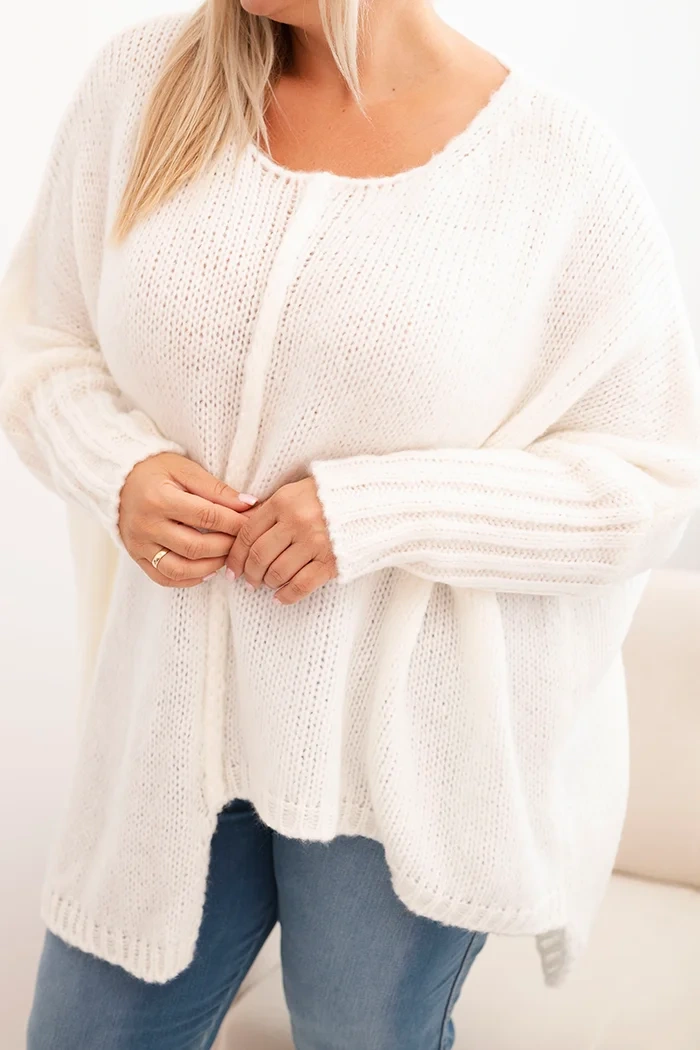 Sweter damska Plus Size z akrylem o luźnym kroju i rękawem 3/4 ecru - obrazek 4