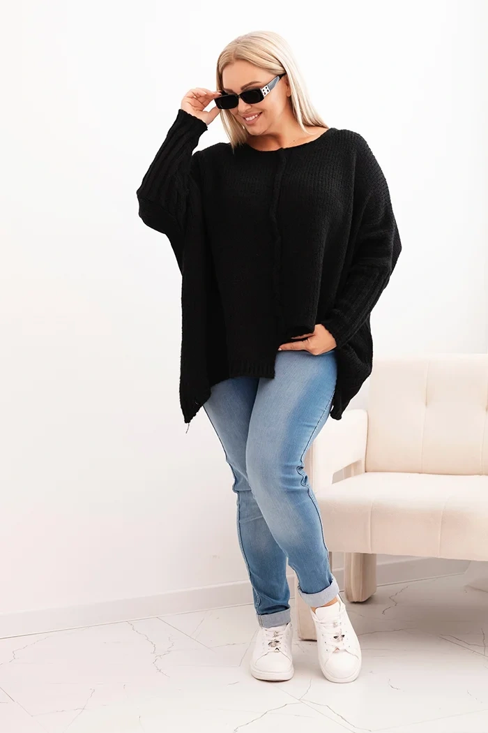 Sweter damska Plus Size z akrylem o luźnym kroju i rękawem 3/4 czarny - obrazek 2