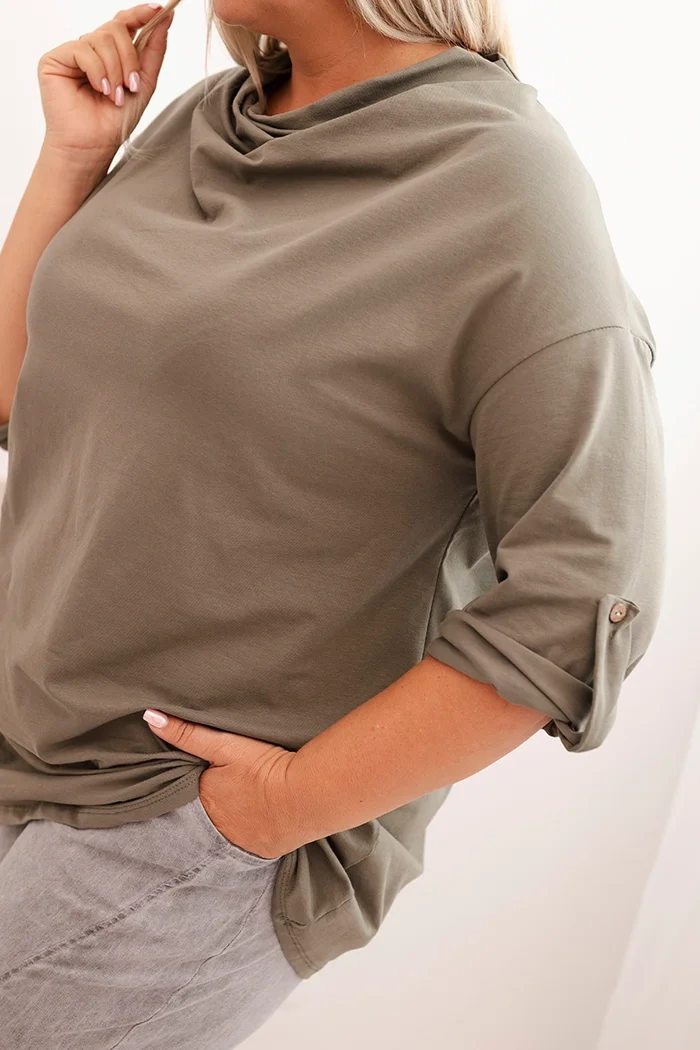 Bluzka damska Plus Size z bawełną o luźnym kroju z dekoltem wodnym khaki - obrazek 4